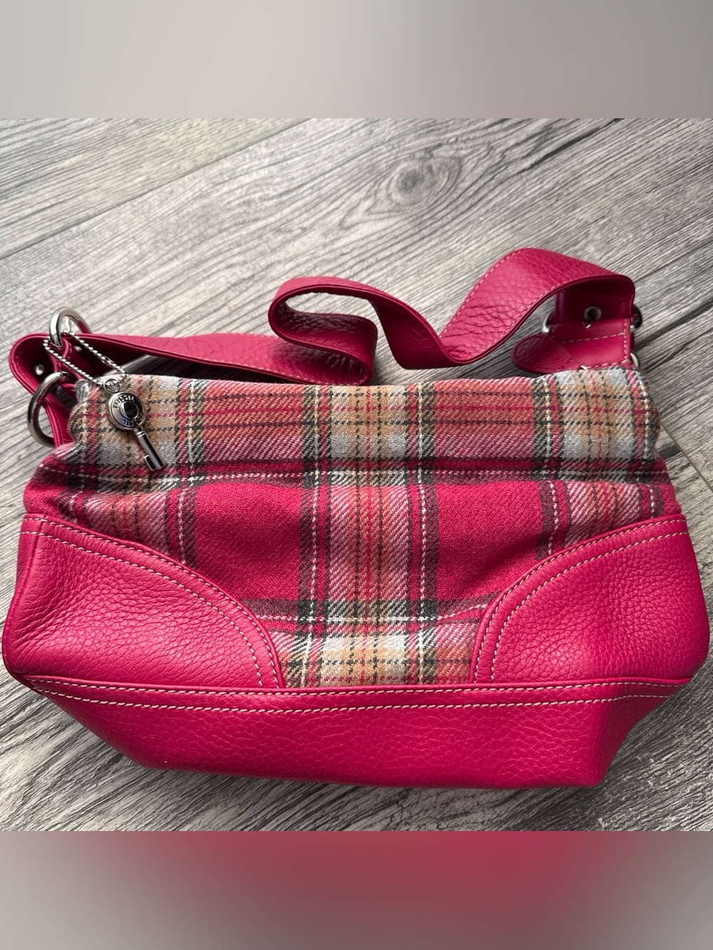 Fossil Pink Plaid Shoulder Bag with Leather Accents